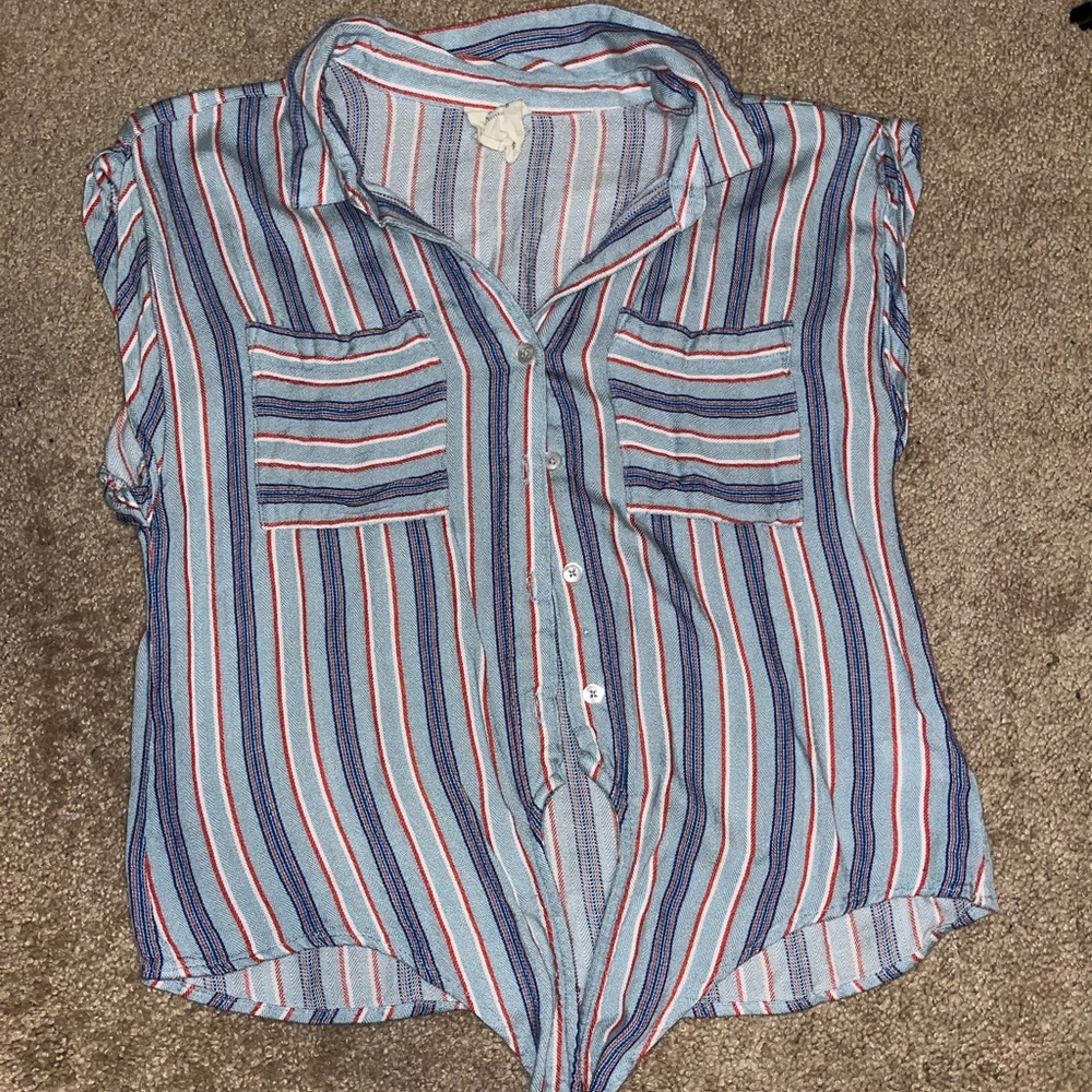 Button Down, Tie Front Short Sleeve Shirt